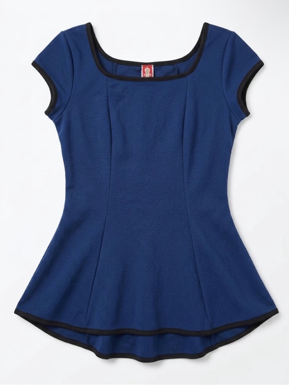 Blue Scoop Neck Peplum Top with Black Trim